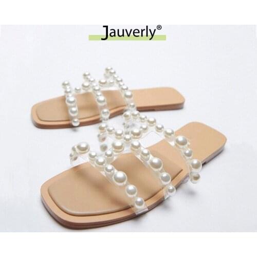 2021 Summer Cool Outside Designer Shoes Woman Nude PVC Pearl Slipper Women Fairy Flat Beach Sandals Female Hot Sale