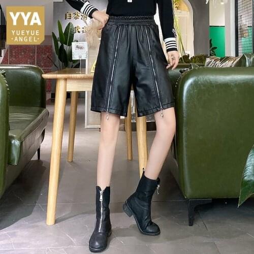 100% Real Leather Casual Knee-Length Shorts Women Street Zip Design Loose Straight Shorts Biker Elastic Waist Wide Leg Shorts