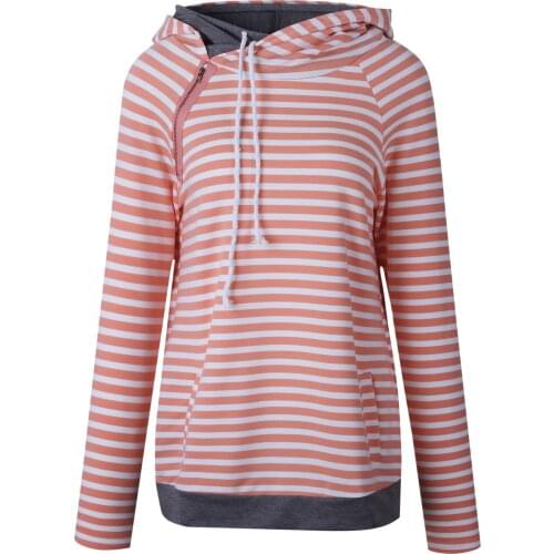 Hoodies For Women Zipper decoration Long Sleeve Spring Autumn Striped Hoodies Plus Size Green Pink Sweatshirts