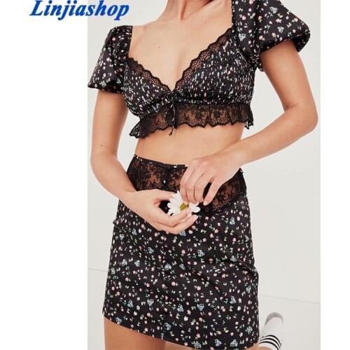 Vintage Sweet Low Chest V Neck Lace Up Women 2 Piece Set Sexy Small Floral Short Navel Floral Print Skirt Femme Summer Suits