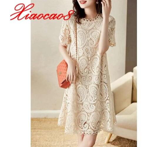 Summer Women Lace Dress Beige Black Short Sleeve Knee Length Dresses For Women Plus Size Vestidos 2021 Fashoin Woman Clothes