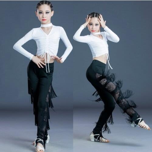 Women 2021 Latin Dance Dresses Ballroom Long Sleeve Tops And Fringe Pants Professional Practice Salsa Samba Costume Kids Sets