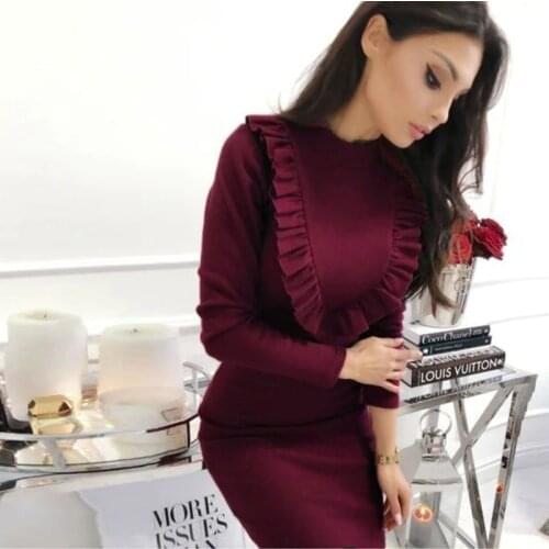 Women Vintage Ruffled Sheath Party Mini Dress Long Sleeve O neck Solid Elegant Casual Dress 2019 Winter New Fashion Women Dress