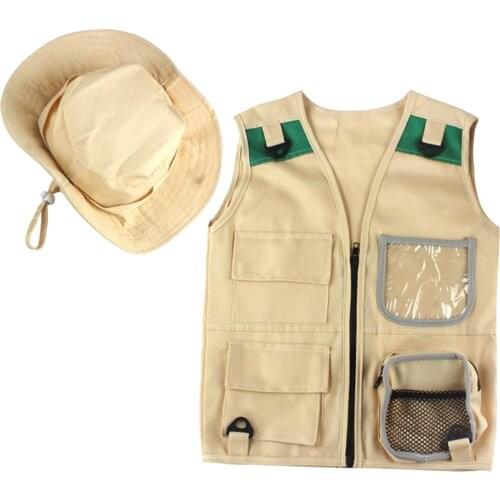 Young Kids Khaki Cargo Vest And Hat Set Explorer Dress Up for Park