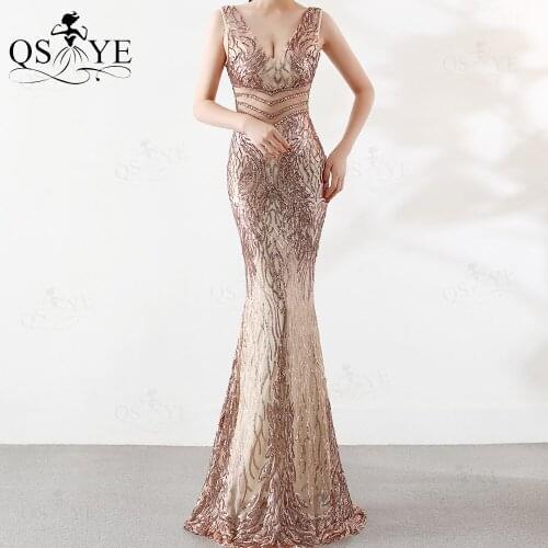 Gold Lace Evening Dresses Sequin Long Mermaid Prom Gown Print Appliques Party Dress V Neck Hollow Out Formal Dress Bead Waist
