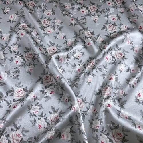 1 Meter Silk Fabric Cheongsam Shirt Dress Fabric Printing Stretch Jacquard Satin Gray Little Rose