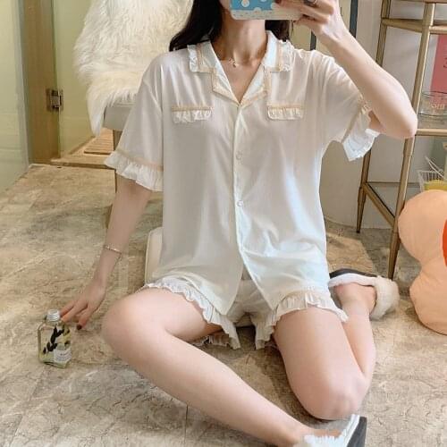 2021 Summer Short Sleeve 100% Cotton Pajama Sets for Women Sweet Shorts Sleepwear Suit Pyjama Homewear Pijama Mujer Home Clothes