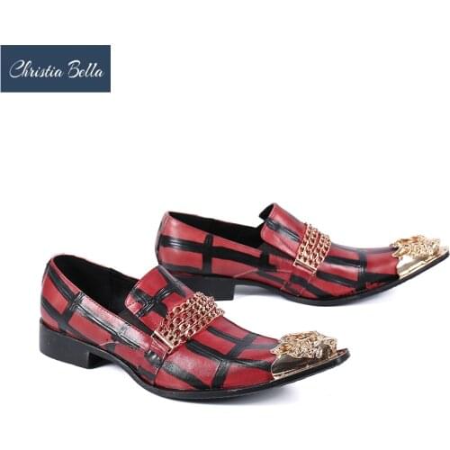 Christia Bella British Gingham Wedding Party Men Leather Shoes Metal Pointed Toe Dress Shoes Man Business Formal Shoes Footwear