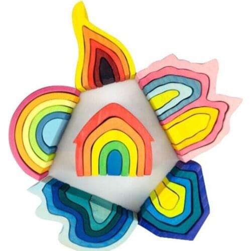 Baby Wooden Toys Elemental Rainbow Stacking Blocks / Wooden Tree Building Blocks Car Volcano Coral Sea Wave Montessori Toy Gift