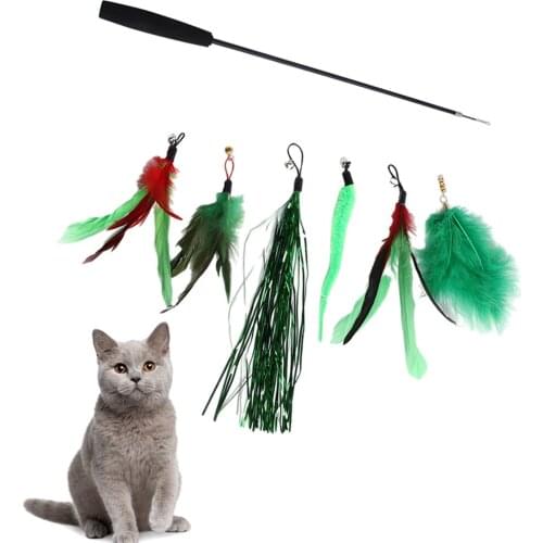 Interactive Cat Toy Kit Kitten Catcher Ribbon Wand Stick Teaser Stick Toy for Indoor Pets Training with 6pcs Replace Attachments