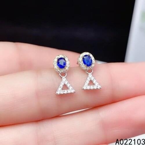 KJJEAXCMY 925 sterling silver inlaid natural sapphire Chinese style exquisite triangle girl gem earring support check