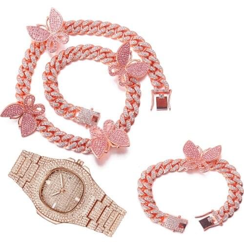3pcs Kit Iced Out Hip Hop 12MM Full Paved Rhinestones Miami Curb Butterfly Cuban Necklace+Watch+Bracelet For Women Man Jewelry