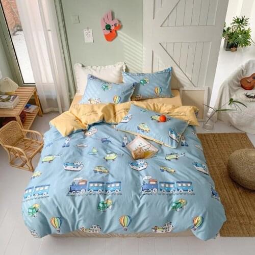 Cartoon Cars Bedding Set Kids Room Home Decor Airplane Steamship Transportation Bed Linens Set Flat Bed Sheet Queen Duvet Cover
