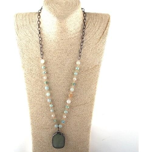 MOODPC Fashion Jewelry Natural Stone & Glass Crystal Long Chain Blue Stone Pendant Necklaces For Women Ethnic Necklace