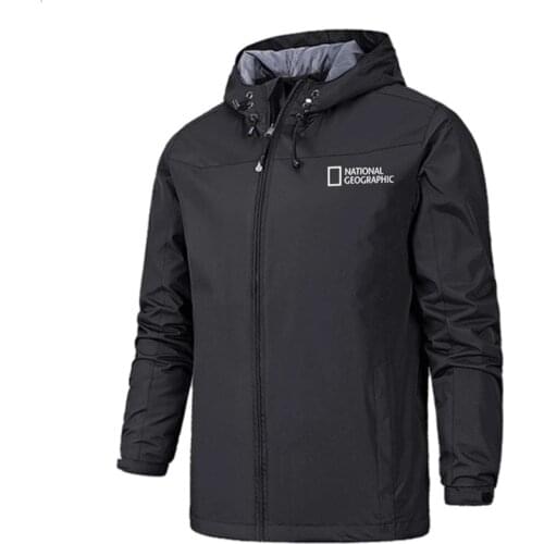 National Geographic Mens Jacket Lightweight Hooded Zipper Waterproof Jacket Solid Color Fashionable Mens Outdoor Jacket