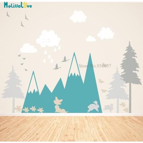 Pine Tree Montains Woodland Forest Baby Room Nursery Decal Animals Deer Fox Rabbit Custom Wall Sticker Vinyl Removable BB832