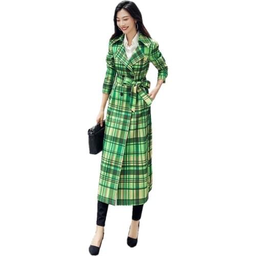 2021 autumn new plaid color matching X-long windbreaker temperament elegant slim fit all-match fashionable jacket