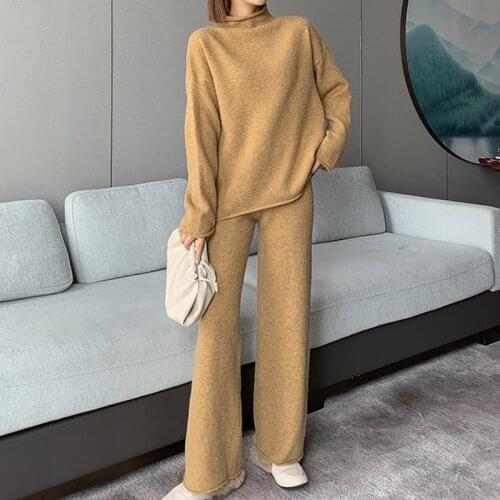 Autumn Winter Women Loungewear Sets Two Piece Loose Tops Shirt & Wide Leg Pants Set Elegant Korean Solid Femme Houseware Sweater