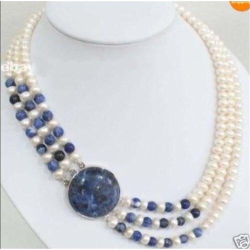 3 Rows Natural 7-8mm White Cultivation Pearl & Lapis lazuli Round Beads Necklace