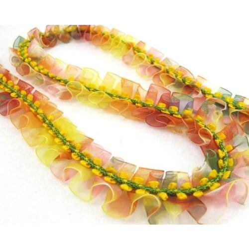 Pleated Trim|w Rococo Flower Trim|1 1/8 Inches Pleated Ombre Printed Chiffon Trim|Organza Chiffon Trim|Retro Handmade Supplies