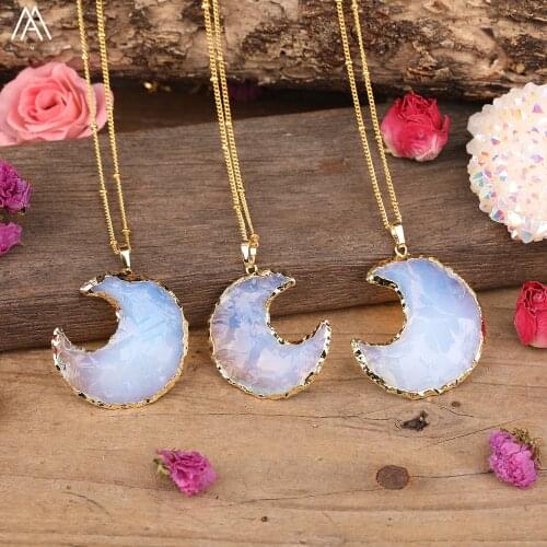 Natural Opal Stone Stars Moon Pendant Gold Silvery Necklace For Women Stone Beads Pendant Adjustable Necklace Jewelry Dropship