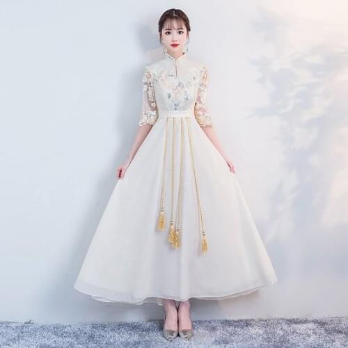Exquisite Tassel Women Chongsam Elegant Champagne Full Length Qipao Classic Flower Prom Gown Vintage Button Robe De Soiree