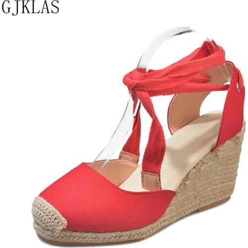 Wedges Sandals for Women Lace Up Heels Size 43 High Heels Women Summer Shoes Sandle Casual Red Black Beige Sandalias Alpargatas