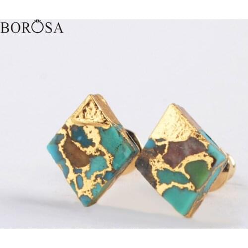 BOROSA Square Natural Blue Turquoises Studs Earrings with Gold Veins Round Triangle Natural Stone Stud Earrings for Women G1989