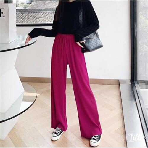 European Style Women Pleated Wide Leg Pants 2021 Summer Solid High Waist Long Pants Elastic Waist Soft Trousers Plus Size M-7XL