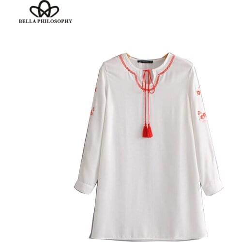 Bella Philosophy 2018 spring white embroidery casual mini dress A-line floral casual chiffon dress long sleeve dress