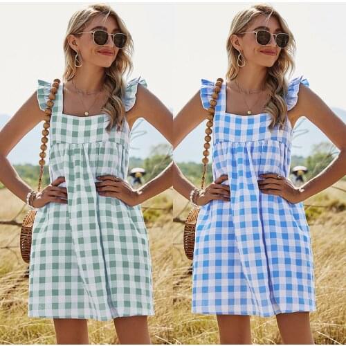2021 Summer New Womens Plaid High Waist Sleeveless Dress Halter A-line Skirt Casual Square Neck Sling Dress Sweet Doll Skirt