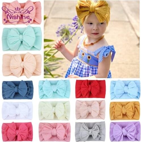 Nishine 3pcs/lot 15*9 CM Solid Color Bowknot Baby Nylon Headband Fashion Handmade Knotted Elastic Wide Hairband Birthday Gifts