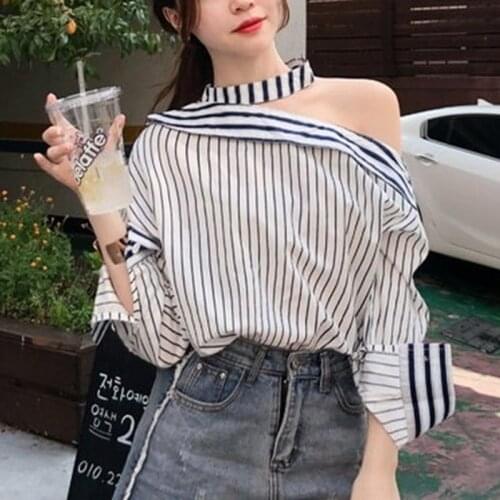 Sexy Designer Stripe Blouse Women Elegant Temperament Off Shoulder Loose Blouse Female High Street Chic Casual Tops 2021 New