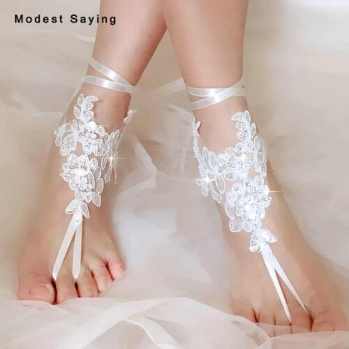 Bohemia Shiny Ivory Sequined Lace Wedding Barefoot Sandals Bridal Beach Anklet Shoes With Toe Sandbeach Bridesmaid Foot Jewelry