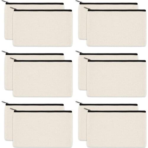 12 Pack Canvas Zipper Bags, Blank DIY Craft Pouches for Travel Cosmetic Makeup Bags, Pencil Case, Party Gift Bags, Coin Cash Pur