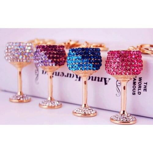 Creative crafts crystal wine glass car key chain goblet metal pendant female bag accessories small gifts