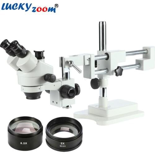 Luckyzoom Brand 3.5X-90X 50/50 SPLIT SIMUL-FOCAL MICROSCOPE DOUBLE BOOM STAND TRINOCULAR STEREO ZOOM Microscopio Set