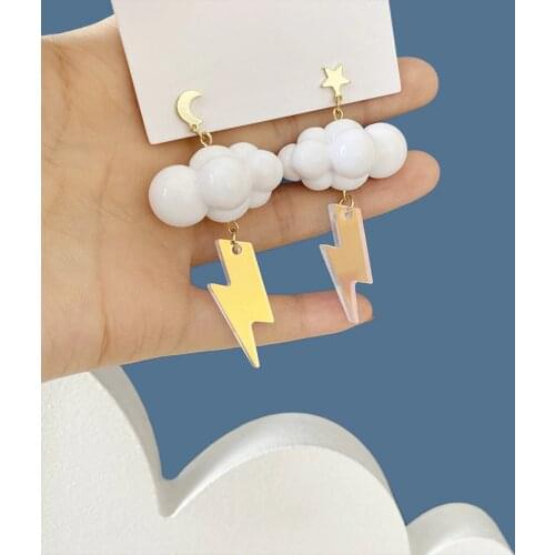 Minar Cute Cartoon Lightning Cloud Drop Dangle Earrings for Women White Arcylic Gold Star Moon Hanging Earring Korean Jewelry