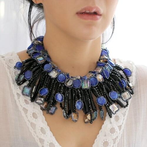 HAHA&TOTO New Arrived Luxury Blue Stones Crystal Beads Strands Necklace Statement Chokers Chunky Bib Necklace for Women Party