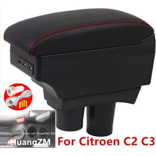 For Citroen C2 armrest box For Citroen C2 C3 Car Armrest Storage Box USB Charging Double layer Modification Accessorissories