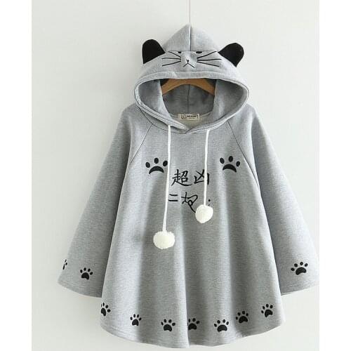 Popular Women Kawaii Cat Ear Sweatshirts Japanese Cute Paws Girls Casual Outerwear Harajuku Cloak Fleece Loose Hoodies Oversized
