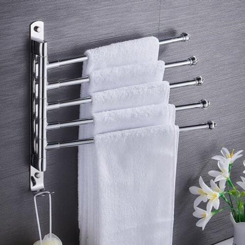 Bathroom Swivel Towel Bar 4-Arm Stainless Steel Swing Hanger Towel Rack with Hook Space Saving Wall Mount Rotating Towel Rail