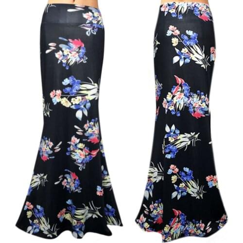 Floral print pattern womens skirt, high waist elastic hip skirt, medium length skirt, fishtail skirt, European and American wom