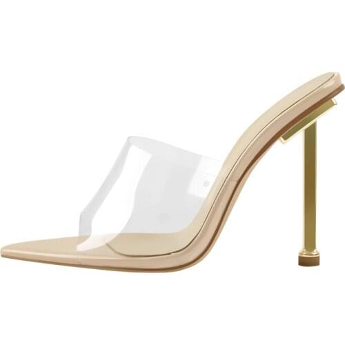 Richealnana Womens Pointed Open Toe Slip Up Sandals Golden Metal Heels Transparent PVC Large Size US5-15 Fashion Tender Concise