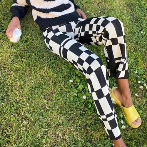 Women Trousers Checkered Print Breathable Polyester Straight Long Trousers for Daily Wear