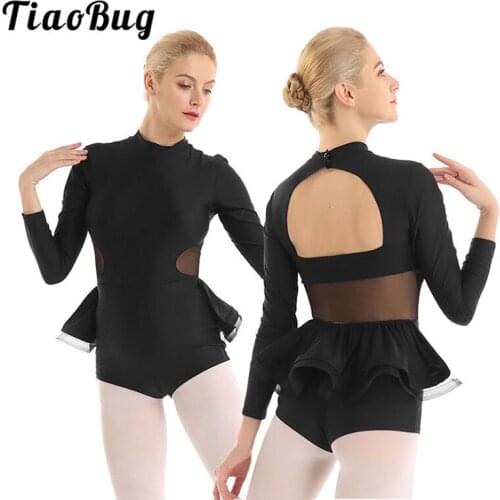 TiaoBug Women Dancewear Mock Neck Long Sleeves Ruffled Bodysuit Adult Gymnastics Leotard Ballet Dress Performance Dance Costume