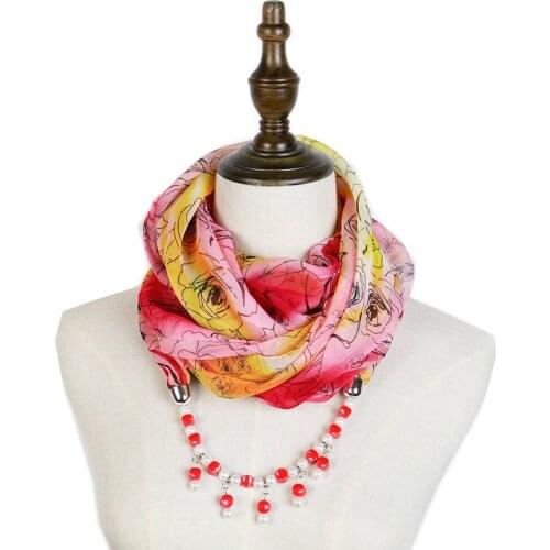 Scarf mujer summer fashion rose printed beads pendant necklace scarf jewelry neckwear shawl hijabs scarf neck wear