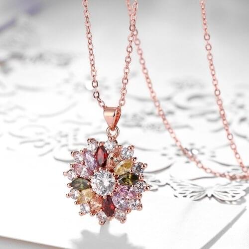 Rose Gold Color Necklaces for Women Flower Pendant Necklace with Cubic Zirconia 18inch Chains Wedding Collier Choker Bijoux