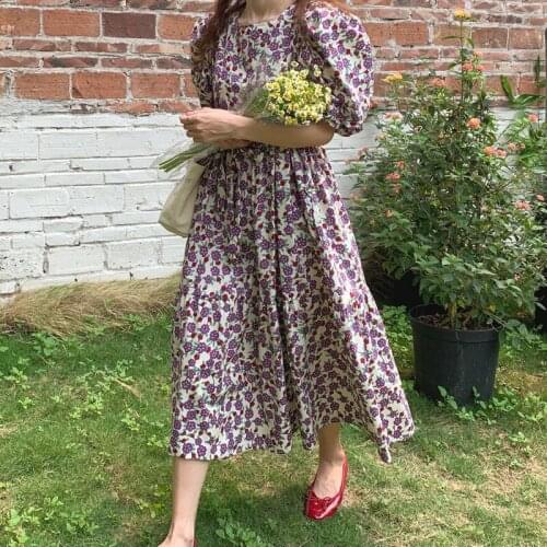 Summer Dresses Women Puff Sleeve Square Collar Mid-calf Dress Floral Printed French Style Streetwear Loose Casual Retro Stylish