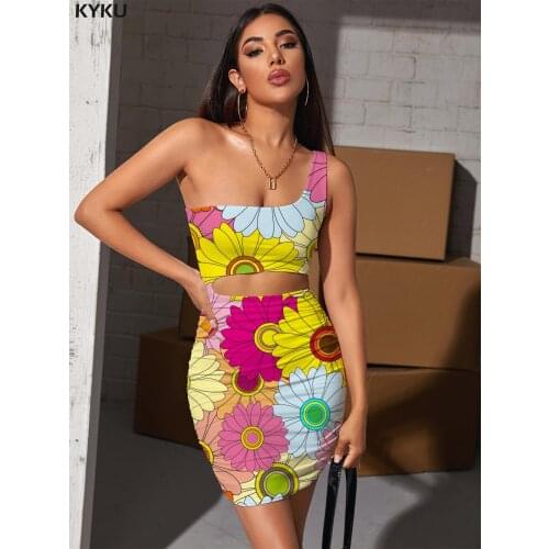 KYKU Brand Flower Dresses Women Colorful Vestido Sexy Romantic Bodycon Dress Art Hollow out Dresses Womens Clothing Club Vintage